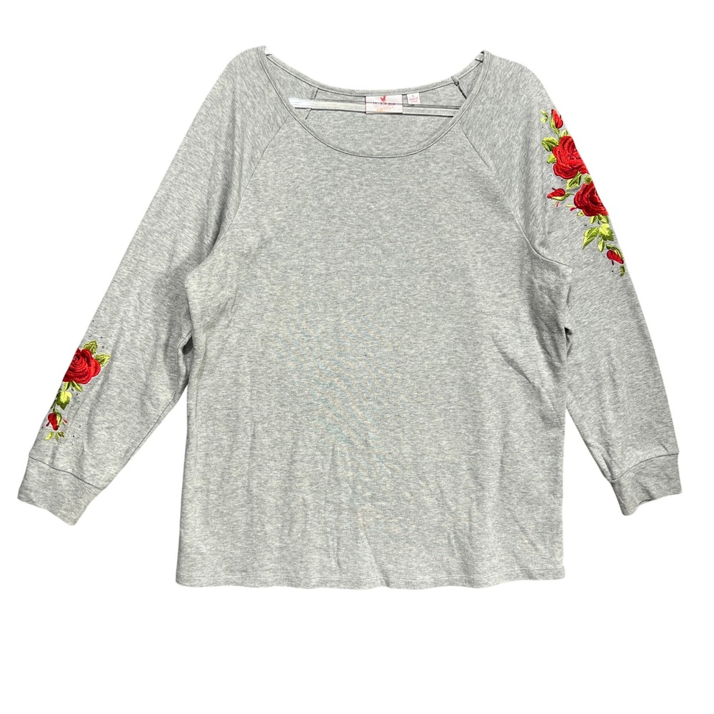 Quacker Factory Gray Rose Embroidered Rhinestone Long Sleeve Top Large